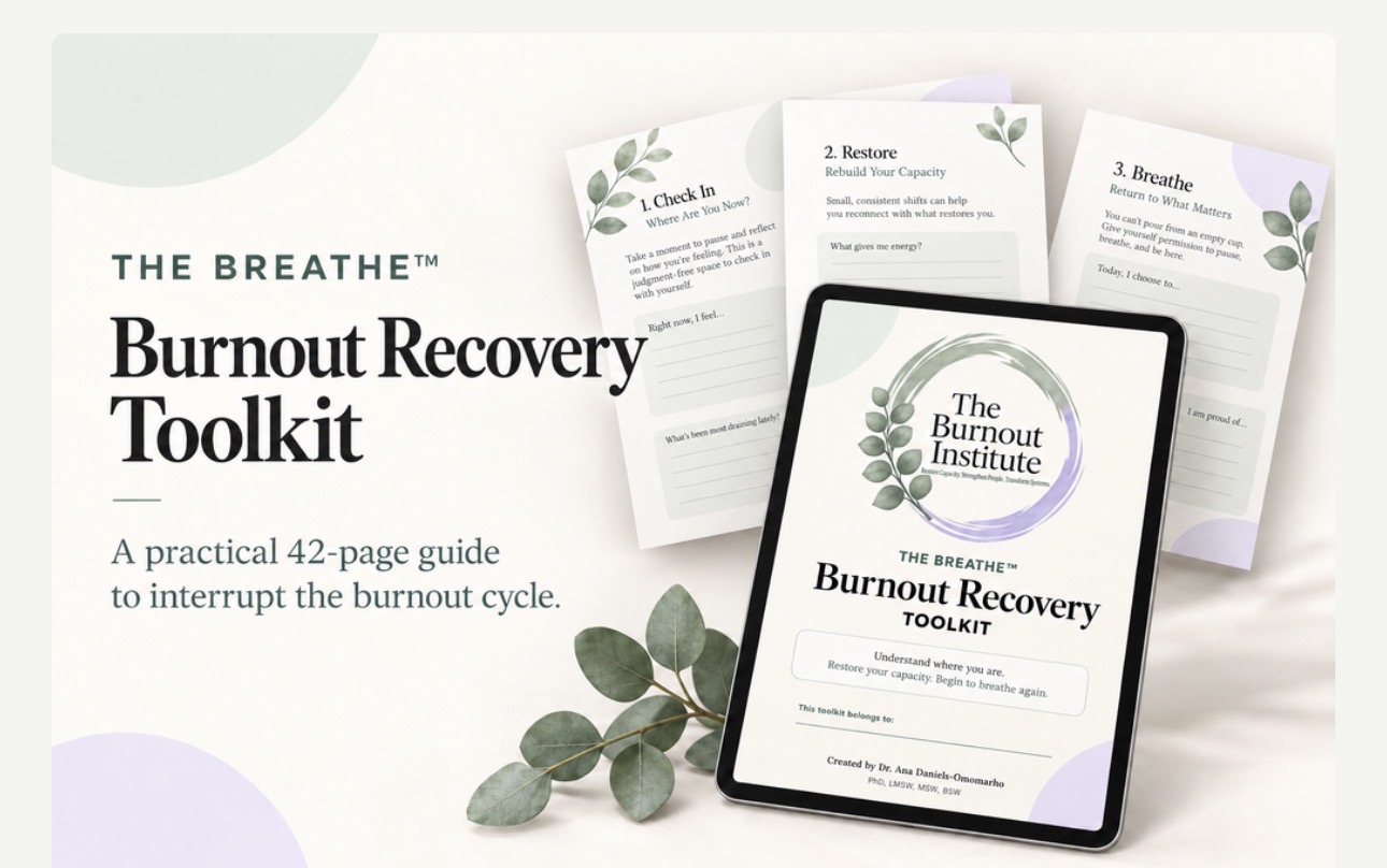 The BREATHE Burnout Recovery Toolkit displayed on a tablet with sample pages